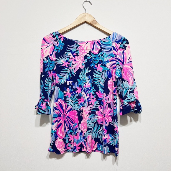 Lilly Pulitzer Waverly Ruffle Sleeve Boat Neck Blouse Multi Garden Get Away S - Picture 1 of 3